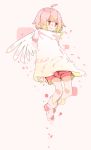  1girl ahoge angel angel_wings artist_name baggy_clothes blush bob_cut capelet cherry_blossoms feathered_wings floating flower highres mini_wings original pale_skin pastel_colors petals pink_hair red_eyes short_hair shorts signature solo wings yuuo0 