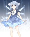  1girl adapted_costume blue_eyes blue_hair bow cirno gradient gradient_background hair_bow heart ice ice_wings koisu open_eyes short_hair snowflake_print snowflakes solo touhou wings 