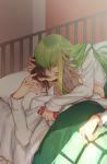  1boy 1girl bangs black_hair c.c. chocolate closed_eyes code_geass couple creayus green_hair kiss lelouch_lamperouge long_hair long_sleeves pajamas parted_lips shared_blanket short_hair sidelocks under_covers 