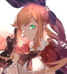  1girl aqua_eyes azarea black_gloves breasts brown_hair cape clarisse_(granblue_fantasy) gloves granblue_fantasy green_eyes hair_ribbon long_hair looking_at_viewer one_eye_closed orange_hair ponytail ribbon smile solo 