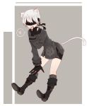 1boy android animal_ears blindfold boots briefs buckle buttons cat_ears cat_tail choker gloves heart kneehighs knees legs long_sleeves male_focus nier_(series) nier_automata open_mouth original pale_skin patterned_clothing shiny shiny_skin short_hair simple_background smile solo speech_bubble strap tail underwear white_hair yorha_no._9_type_s 