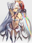  1girl altera_(fate) arm_up artist_request bare_shoulders black_legwear closed_mouth commentary_request dark_skin detached_sleeves fate/extella fate/extra fate/grand_order fate_(series) from_above highres holding holding_sword holding_weapon midriff navel red_eyes short_hair simple_background solo sword veil weapon white_hair 