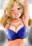  1girl absurdres arm_behind_back arm_behind_head armpits blonde_hair blue_bra blue_eyes bow bow_bra bra breasts cleavage collarbone girls_und_panzer hair_intakes highres kay_(girls_und_panzer) large_breasts long_hair looking_at_viewer one_eye_closed open_mouth shichimiya_karashi smile solo standing underwear underwear_only upper_body 