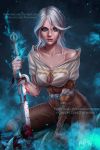  1girl blood bloody_weapon brown_gloves ciri_(the_witcher) collarbone gloves green_eyes looking_at_viewer off_shoulder olga_narhova silver_hair single_glove sitting solo sword the_witcher the_witcher_3 watermark weapon web_address 