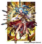  &gt;:o 1girl :o amaterasu_(valkyrie_connect) blue_hair blush braid breasts clog_sandals detached_sleeves dress floating_hair full_body hair_rings hand_on_hip legs_apart long_hair looking_at_viewer matsui_hiroaki official_art open_mouth pelvic_curtain platform_clogs red_dress red_eyes red_legwear small_breasts socks solo standing tabi valkyrie_connect watermark 