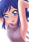  1girl aikatsu! aran_sweater armpits arms_up backless_outfit blue_eyes blue_hair blush grey_sweater highres kiriya_aoi long_hair looking_at_viewer meme_attire naked_sweater parted_lips ribbed_sweater sekina smile solo sweater turtleneck turtleneck_sweater upper_body virgin_killer_sweater 