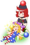  2girls =_= american_flag_dress american_flag_legwear bare_legs bare_shoulders black_shirt blonde_hair chains chibi choker closed_eyes clownpiece dress eichi_yuu fairy fairy_wings happy hat hecatia_lapislazuli jester_cap lap_pillow long_hair lying miniskirt multicolored multicolored_clothes multicolored_skirt multiple_girls neck_ruff off_shoulder on_back open_mouth outstretched_arms pantyhose plaid plaid_skirt polos_crown redhead seiza shirt short_dress short_sleeves sitting skirt t-shirt touhou wings |_| 