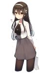  1girl alternate_costume bag black_hair black_legwear brown_eyes gin00 hairband haruna_(kantai_collection) heart highres jewelry kantai_collection long_hair necklace pantyhose simple_background smile solo white_background 