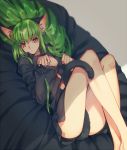  1girl :o animal_ears ass bare_legs barefoot black_shirt blurry blush breasts c.c. cat_ears cat_tail cleavage code_geass creayus depth_of_field eyebrows_visible_through_hair green_hair head_tilt kemonomimi_mode legs_up long_hair long_sleeves looking_at_viewer lying medium_breasts naked_shirt on_back parted_lips paw_pose pillow shirt sleeves_past_wrists solo tail very_long_hair 