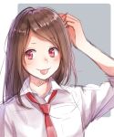  1girl arm_up blush brown_hair closed_mouth collared_shirt eyebrows_visible_through_hair hami_yura hand_on_head highres long_hair looking_to_the_side necktie original pink_eyes red_necktie school_uniform shirt sketch smile solo tehepero tongue tongue_out uniform upper_body white_shirt 