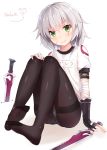  1girl :3 artist_name assassin_of_black bandaged_arm bangs black_gloves black_legwear blush buruma cat closed_mouth crossed_bangs dagger dual_wielding eyebrows_visible_through_hair fate/apocrypha fate_(series) feet fingerless_gloves gloves green_eyes gym_uniform highres knees_up looking_at_viewer name_tag no_shoes pantyhose scar scar_across_eye scar_on_cheek short_hair short_sleeves signature silver_hair simple_background sin-poi sitting smile solo thighband_pantyhose thighs toes underwear weapon white_background |_| 