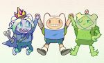  3boys adventure_time backpack bag barefoot bear_hat blue_skin cape crown farmworld_finn fern_(adventure_time) finn_the_human hat male_focus maru_show mechanical_arm monster_boy multiple_boys multiple_persona mushroom plant_boy pointy_nose sharp_teeth shirt shorts t-shirt teeth white_hair 