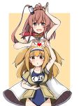  2girls arm_up atsushi_(aaa-bbb) blush breasts brown_hair dress hair_between_eyes hairband heart heart_hands heart_hands_duo i-26_(kantai_collection) kantai_collection large_breasts light_brown_eyes light_brown_hair long_hair looking_at_viewer multiple_girls neckerchief one-piece_swimsuit open_clothes open_mouth ponytail red_neckerchief saratoga_(kantai_collection) school_swimsuit short_sleeves side_ponytail sidelocks smile sweatdrop swimsuit swimsuit_under_clothes two-tone_hairband two_side_up white_dress 