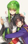  1boy 1girl black_hair blush breasts c.c. code_geass couple creayus green_hair hug lelouch_lamperouge long_hair medium_breasts petting simple_background translation_request violet_eyes yellow_eyes 