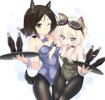  2girls ;) a9b_(louis814) absurdres animal_ears black_hair black_legwear blonde_hair blue_bow blue_leotard bottle bow breasts brown_eyes character_request choker cleavage collarbone glasses_on_head green_leotard grey_eyes highres holding holding_bottle leotard long_hair looking_at_viewer medium_breasts multiple_girls one_eye_closed pantyhose short_hair simple_background small_breasts smile strapless strapless_leotard strike_witches tail white_background world_witches_series wrist_cuffs 
