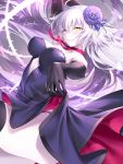  1girl arm_up armpits artist_name bad_perspective bad_proportions bare_shoulders black_gloves black_legwear black_panties blush breasts center_opening choker cleavage dress dutch_angle elbow_gloves eyebrows_visible_through_hair fate/grand_order fate_(series) flower gloves grimace hair_between_eyes hair_flower hair_ornament jeanne_alter kousaki_rui large_breasts long_hair pale_skin panties purple_dress ribbon_choker ruler_(fate/apocrypha) signature silver_hair solo strapless strapless_dress thigh-highs thorns underwear very_long_hair yellow_eyes 