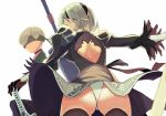  1girl 1koma ass black_dress black_gloves black_hairband blindfold cleavage_cutout comic covered_eyes dress feather-trimmed_sleeves gloves hairband highleg highleg_leotard leotard long_sleeves mole mole_under_mouth nier_(series) nier_automata short_hair silver_hair sword thigh-highs weapon white_background white_leotard yorha_no._2_type_b yorha_no._9_type_s yuuki_(irodo_rhythm) 