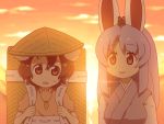  2girls animal_ears backpack bag brown_hair carrot_necklace clouds commentary_request dress eyebrows_visible_through_hair hat inaba_tewi japanese_clothes kemono_friends long_hair long_sleeves looking_at_another looking_at_viewer multiple_girls open_mouth parody pink_dress purple_hair rabbit_ears red_eyes reisen_udongein_inaba shirosato short_hair short_sleeves smile style_parody sunset sweat touhou wavy_mouth 