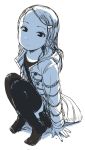  1girl absurdres arm_support child coat full_body greyscale highres long_hair long_sleeves looking_at_viewer monochrome pale_color simple_background sitting solo thigh-highs white_background yamamoto_souichirou 
