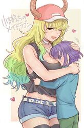  1boy 1girl ;d baseball_cap belt between_breasts black_legwear blonde_hair blue_hair blue_shirt blush breasts choker collarbone dragon_girl dragon_horns embarrassed enuo eyebrows_visible_through_hair green_eyes green_hair green_pants hair_between_eyes hand_on_another&#039;s_head hat head_between_breasts heart horns hug kobayashi-san_chi_no_maidragon large_breasts long_hair magatsuchi_shouta midriff multicolored_hair one_eye_closed open_mouth outside_border pants quetzalcoatl_(maidragon) shirt shirt_grab short_shorts shorts sketch sleeveless sleeveless_shirt smile tank_top thigh-highs translation_request 