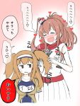  2girls =_= atsushi_(aaa-bbb) belt blush breast_pocket breasts brown_hair commentary commentary_request dress drooling hair_between_eyes hairband heart i-26_(kantai_collection) impossible_clothes kantai_collection large_breasts light_brown_eyes light_brown_hair long_hair multiple_girls neckerchief one-piece_swimsuit open_clothes open_mouth pocket ponytail red_neckerchief saliva saratoga_(kantai_collection) school_swimsuit short_sleeves side_ponytail sidelocks smile sweatdrop swimsuit swimsuit_under_clothes translated two-tone_hairband two_side_up white_dress 