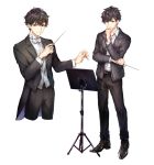  1boy black_hair black_shoes blazer brown_eyes closed_mouth coattails full_body hand_on_own_chin holding holding_wand jacket looking_at_viewer male_focus messy_hair multiple_views music original shirt shoes simple_background smile solo stand tuxedo wand white_background white_shirt yuli_(yulipo) 