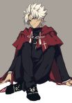  1boy cape dark_skin fate/apocrypha fate_(series) highres kotomine_shirou looking_at_viewer male_focus short_hair simple_background sitting smile solo syubare white_hair yellow_eyes 