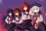  &gt;:( 4girls akatsuki_(kantai_collection) anchor_symbol brown_eyes brown_hair commentary_request flat_cap folded_ponytail hair_ornament hairclip hat hibiki_(kantai_collection) highres ikazuchi_(kantai_collection) inazuma_(kantai_collection) kantai_collection long_hair multiple_girls neckerchief one_knee ozu_warudo pantyhose pleated_skirt purple_hair sailor_collar school_uniform serafuku skirt violet_eyes wavy_mouth white_hair 