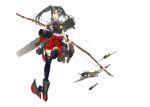  a6m_zero aircraft b7a_ryusei baek_hyang black_legwear boots bow_(weapon) grey_hair hair_ribbon hakama_skirt highres japanese_clothes kantai_collection leg_up long_hair machinery miko muneate open_mouth quiver remodel_(kantai_collection) ribbon rocket_launcher side_ponytail tasuki thigh-highs thigh_boots torpedo twintails weapon white_ribbon zuikaku_(kantai_collection) 