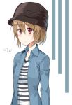  1girl bangs blush brown_hair bucket_hat closed_mouth hair_between_eyes hat highres jacket kooan looking_to_the_side open_clothes open_jacket original shirt signature simple_background solo striped striped_shirt two-tone_background upper_body v-neck violet_eyes white_background 