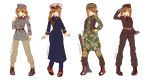  1girl :d ;) aiguillette black_boots black_gloves black_necktie black_pants black_shirt blazer blonde_hair blue_eyes boots brown_boots brown_pants camouflage clenched_hand closed_mouth collared_shirt commentary danielle_brindle full_body garrison_cap gloves grin gun hand_on_hip hat helmet highres iron_cross jacket kantai_collection knee_pads long_hair long_sleeves low_twintails military military_uniform multiple_views necktie one_eye_closed open_mouth pants peacoat peaked_cap prinz_eugen_(kantai_collection) shirt shotgun simple_background smile standing twintails twitter_username uniform weapon white_background white_shirt wing_collar 