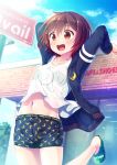  1girl :d arms_behind_head blush boxers brown_eyes brown_hair crescent crescent_moon_pin crescent_print jacket kantai_collection masaki_kei mutsuki_(kantai_collection) navel open_mouth short_hair smile solo underwear 