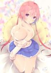  1girl bare_shoulders blush breast_hold breasts chita_(ketchup) cleavage highres large_breasts long_hair looking_at_viewer miniskirt original pink_eyes pink_hair skirt solo sweater 
