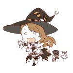  1girl beatrix_(granblue_fantasy) breasts brown_hair chibi cleavage ghost granblue_fantasy halloween halloween_costume hat highres long_hair open_mouth reinaru tagme witch_hat 