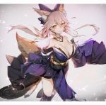  1girl animal_ears bare_shoulders blue_legwear bow breasts cleavage commentary_request detached_sleeves fate/extra fate_(series) fox_ears fox_tail hair_bow highres hong japanese_clothes large_breasts looking_at_viewer parted_lips pink_hair solo tail tamamo_(fate)_(all) tamamo_no_mae_(fate) thigh-highs wide_sleeves yellow_eyes 