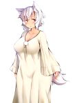  1girl :&lt; animal_ears blush breasts cleavage curvy eyebrows_visible_through_hair highres inubashiri_momiji large_breasts looking_at_viewer red_eyes shishi_juuroku short_hair simple_background solo standing tail thick_thighs thighs touhou white_background white_hair wide_hips wolf_ears wolf_tail 