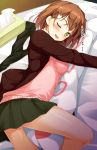  1girl ;d bangs bed_sheet blazer blush brown_hair dakimakura_(object) eyebrows_visible_through_hair green_eyes green_skirt hair_ornament hairclip highres jacket looking_at_viewer lying miniskirt on_bed on_side one_eye_closed open_clothes open_jacket open_mouth original pillow pillow_hug pleated_skirt school_uniform short_hair skirt smile solo sweater thighs tissue_box translated uzuki_hiro yes-no_pillow 