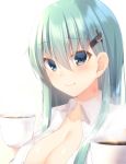  1girl backlighting bangs blush breasts cleavage close-up closed_mouth coffee collarbone cup dress_shirt eyebrows_visible_through_hair green_eyes green_hair hair_between_eyes hair_ornament hairclip hands_up highres holding holding_cup jiiwara kantai_collection large_breasts light_smile long_hair looking_at_viewer naked_shirt open_clothes open_shirt shirt simple_background smile solo suzuya_(kantai_collection) teacup upper_body white_background 