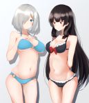  2girls bikini black_bikini black_hair blue_bikini blue_eyes breasts cleavage cowboy_shot frilled_bikini frills hair_over_one_eye hair_ribbon hamakaze_(kantai_collection) hechi_(hechi322) isokaze_(kantai_collection) kantai_collection long_hair looking_at_viewer multiple_girls navel red_eyes ribbon short_hair silver_hair standing swimsuit tress_ribbon 