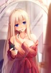  1girl applying_makeup bare_shoulders blonde_hair blue_eyes braid breast_squeeze breasts cleavage collarbone compact highres large_breasts lexington_(zhan_jian_shao_nyu) long_hair makeup_brush mirror off_shoulder red_robe reflection robe solo very_long_hair xiaoyin_li zhan_jian_shao_nyu 