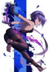  1girl ass assassin_(fate/prototype_fragments) bare_shoulders black_legwear breasts dark_skin fate/grand_order fate/prototype fate/prototype:_fragments_of_blue_and_silver fate_(series) feet flower full_body gloves hairband highres karlwolf knife looking_at_viewer purple_hair short_hair simple_background solo toeless_legwear violet_eyes weapon white_background 