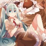  1girl aqua_hair bow green_eyes hair_bow hatsune_miku long_hair looking_at_viewer outstretched_arm sitting skirt socks solo twintails very_long_hair vocaloid yuruno 