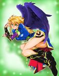  1girl angel_wings black_wings blonde_hair blush boots breasts breath_of_fire breath_of_fire_ii bridal_gauntlets dress green_eyes knee_boots legs long_hair long_legs nina_(breath_of_fire_ii) onnaski side_slit solo thighs wings 