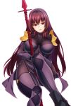  1girl armor bodysuit breasts covered_navel fate/grand_order fate_(series) gae_bolg holding holding_weapon large_breasts long_hair looking_at_viewer miyashiro_sousuke pauldrons polearm purple_bodysuit purple_hair red_eyes scathach_(fate/grand_order) shoulder_armor solo spear weapon 