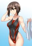  1girl bangs black_hair black_swimsuit blue_background breasts breasts_apart brown_eyes collarbone competition_swimsuit girls_und_panzer gradient gradient_background groin hair_between_eyes hand_on_own_head hand_up haru-same highleg highleg_swimsuit highres holding iron_cross looking_at_viewer nishizumi_maho one-piece_swimsuit parted_lips short_hair sidelocks skin_tight solo standing swimsuit towel wet wet_clothes wet_hair white_towel 