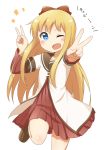  &gt;:d &gt;;d 1girl :d ;d blonde_hair blue_eyes bow collarbone dokka_no_kuni_no_kokuou double_v hair_bow leg_up long_hair one_eye_closed open_mouth shoes simple_background smile solo toshinou_kyouko translation_request v white_background yuru_yuri 