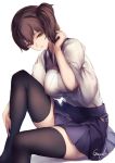  1girl artist_name black_legwear blue_skirt breasts brown_eyes brown_hair hakama_skirt hand_in_hair hand_on_own_leg japanese_clothes kaga_(kantai_collection) kantai_collection kyouya_(mukuro238) large_breasts looking_at_viewer parted_lips shadow short_hair side_ponytail simple_background sitting skindentation skirt solo thigh-highs wide_sleeves 