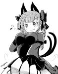  &gt;:q 1girl :q animal_ears blush bow braid breasts cat_ears cat_tail dress extra_ears eyebrows_visible_through_hair foreshortening frilled_sleeves frills from_below greyscale hair_bow hand_on_breast kaenbyou_rin licking_lips long_hair long_sleeves looking_down medium_breasts monochrome multiple_tails musical_note naughty_face nekomata outstretched_arm simple_background smile solo speed_lines tail taurine_8000mg tongue tongue_out touhou twin_braids twitter_username upper_body white_background 