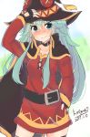  1girl aqua_(konosuba) belt blue_eyes blue_hair blush breasts cape choker closed_mouth collarbone cosplay dated dress eyebrows_visible_through_hair eyes_visible_through_hair fingerless_gloves gloves hair_ornament hand_on_headwear hand_on_hip hat kono_subarashii_sekai_ni_shukufuku_wo! long_hair long_sleeves looking_at_viewer megumin megumin_(cosplay) pink_lips signature simple_background solo standing strapless strapless_dress thigh-highs tube_dress wavy_mouth white_background witch_hat 