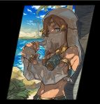  1boy against_tree blonde_hair blue_eyes crossdressinging detached_sleeves gerudo_link kinako_(462) lake link looking_at_viewer midriff navel palm_tree see-through shade solo the_legend_of_zelda the_legend_of_zelda:_breath_of_the_wild trap tree veil water wet wet_clothes wet_hair 